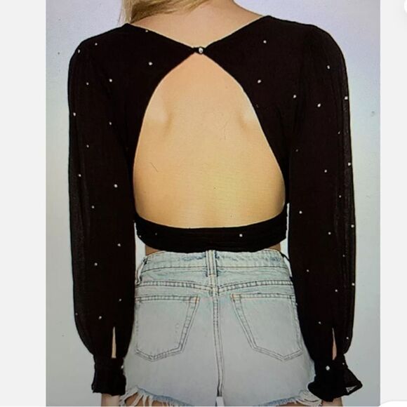 For Love & Lemons Crop Top Blouse Black Balloon Sleeves Gold Stars size small - Picture 2 of 11
